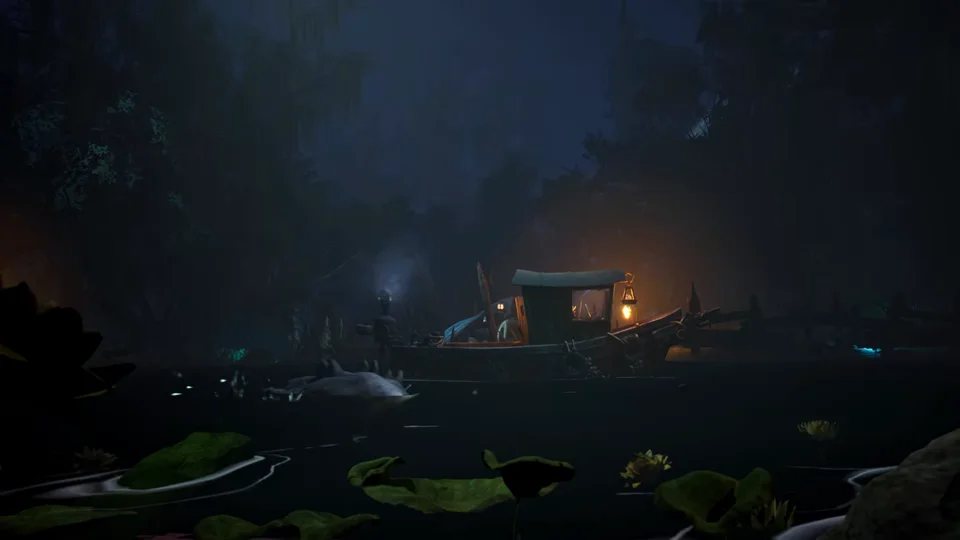 First-person boat perspective navigating murky waters