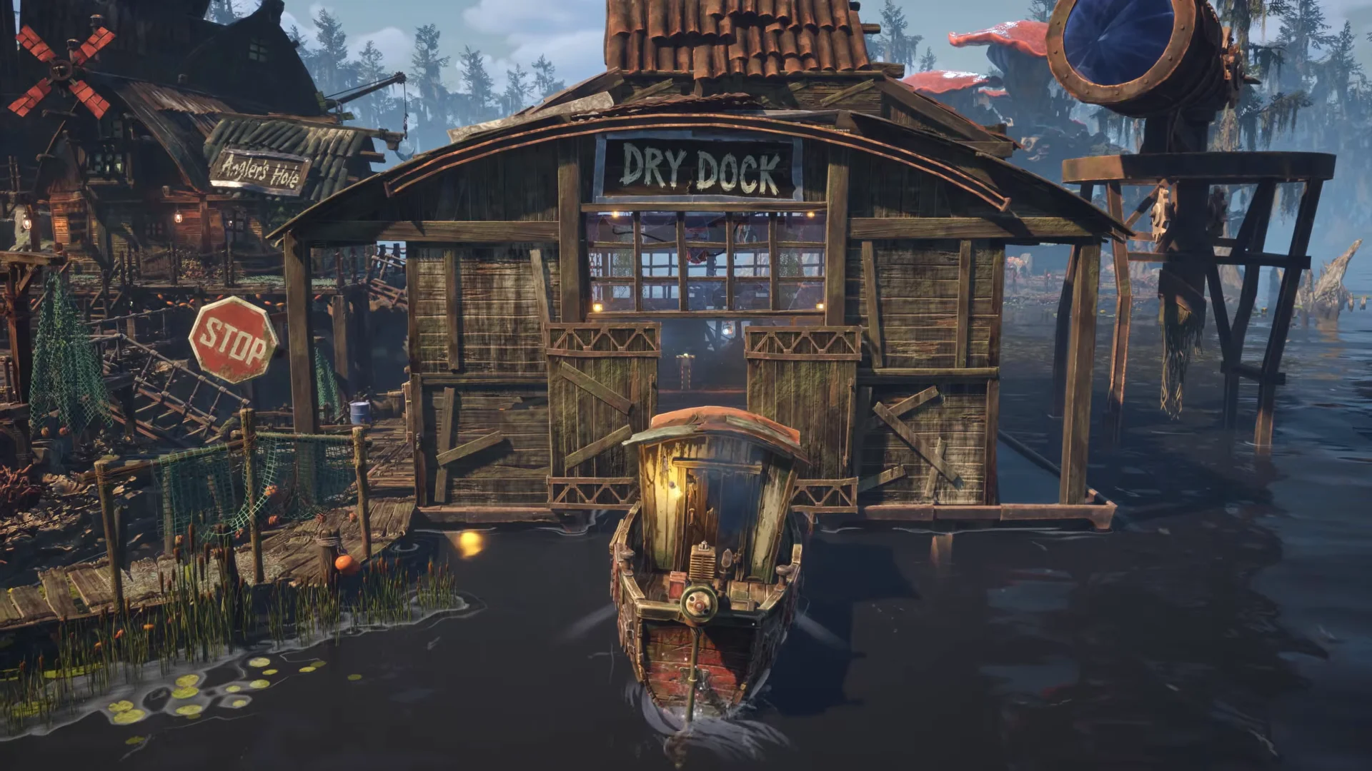 Dry dock building on stilts above the water