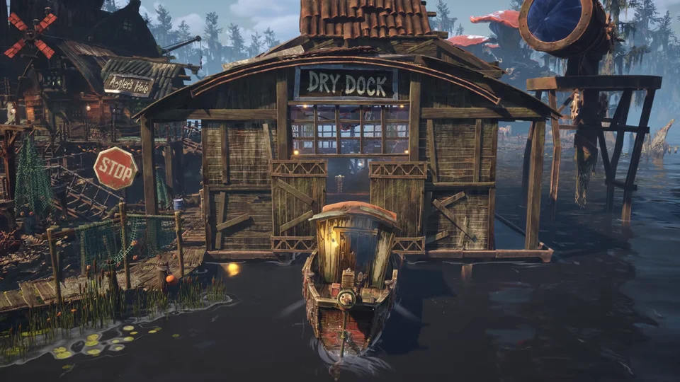 Dry dock building on stilts above the water