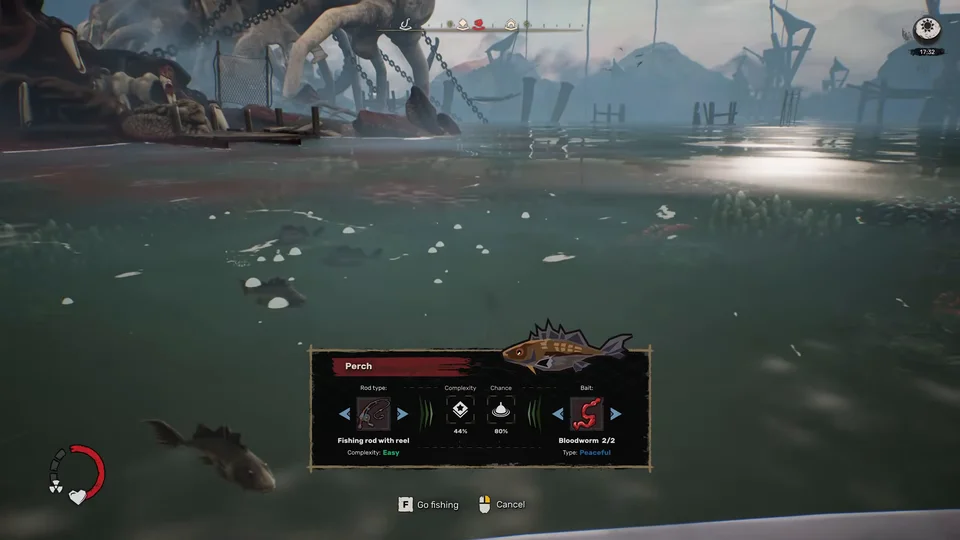 First-person perspective firing a grappling hook toward floating crates