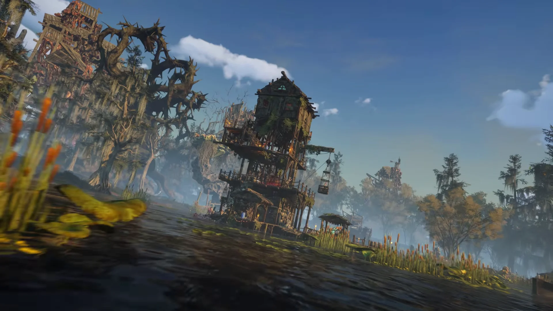 Weathered stilt houses over the water in daylight