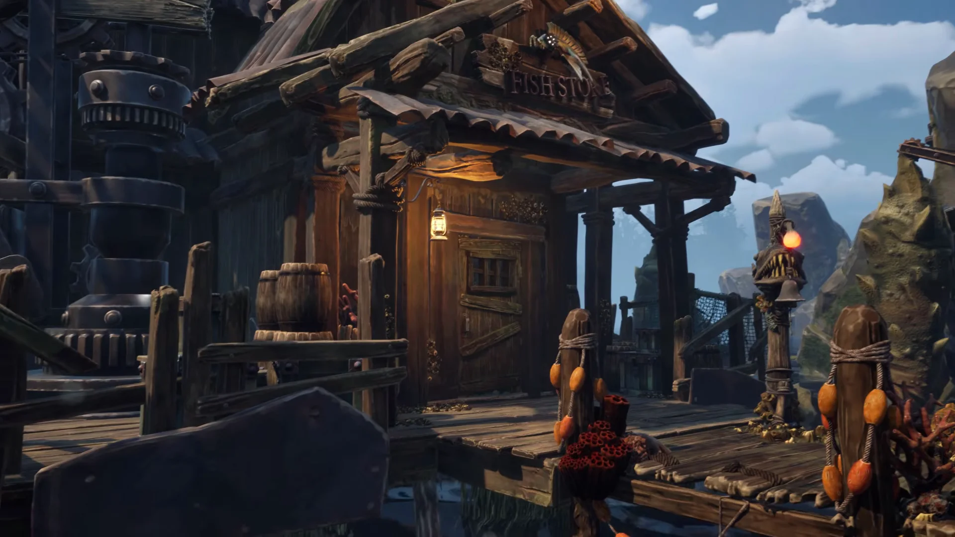 Wooden trader building on a pier at dusk