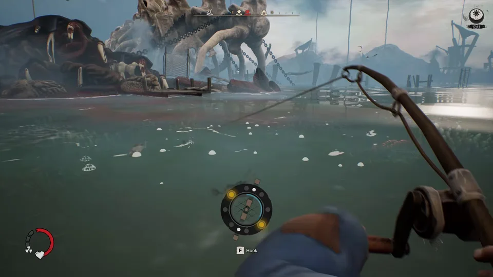 First-person view from the trawler helm looking out over foggy wetlands